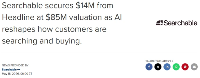 Screenshot of a news headline showing Searchable software raising 14 million dollars to track AI search engine recommendations